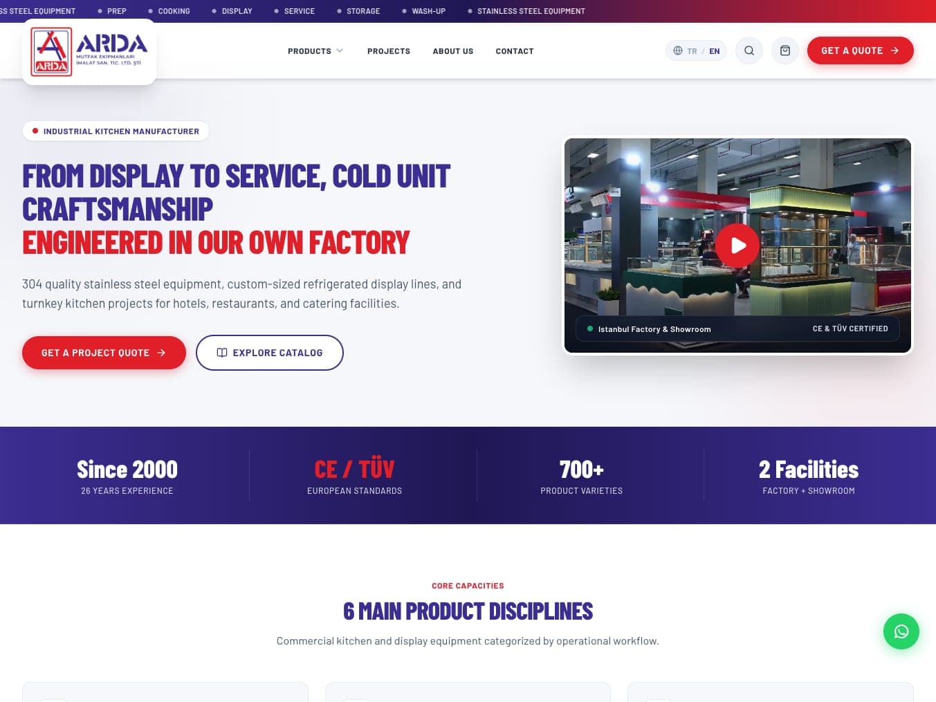 Arda Mutfak English homepage: headline about factory-built cold units and the product range