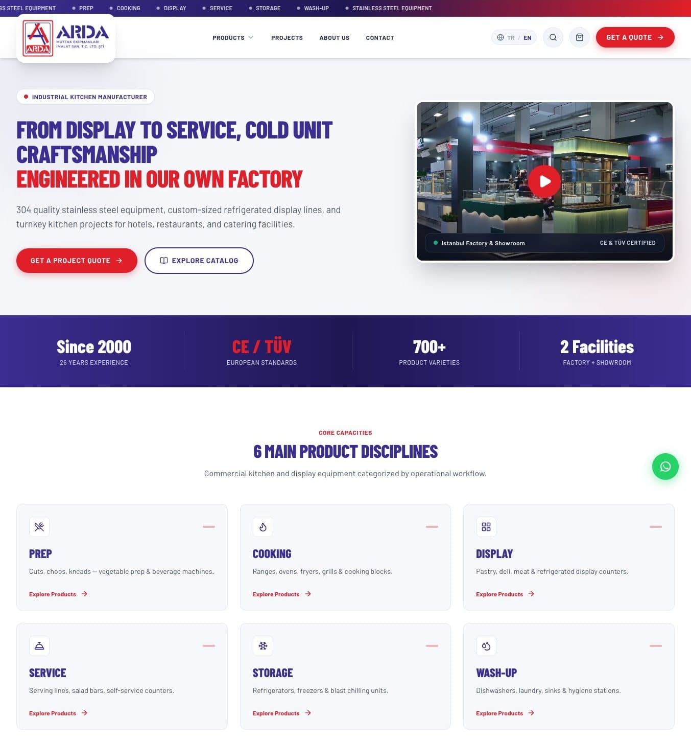Arda Mutfak English homepage: headline about factory-built cold units and the product range