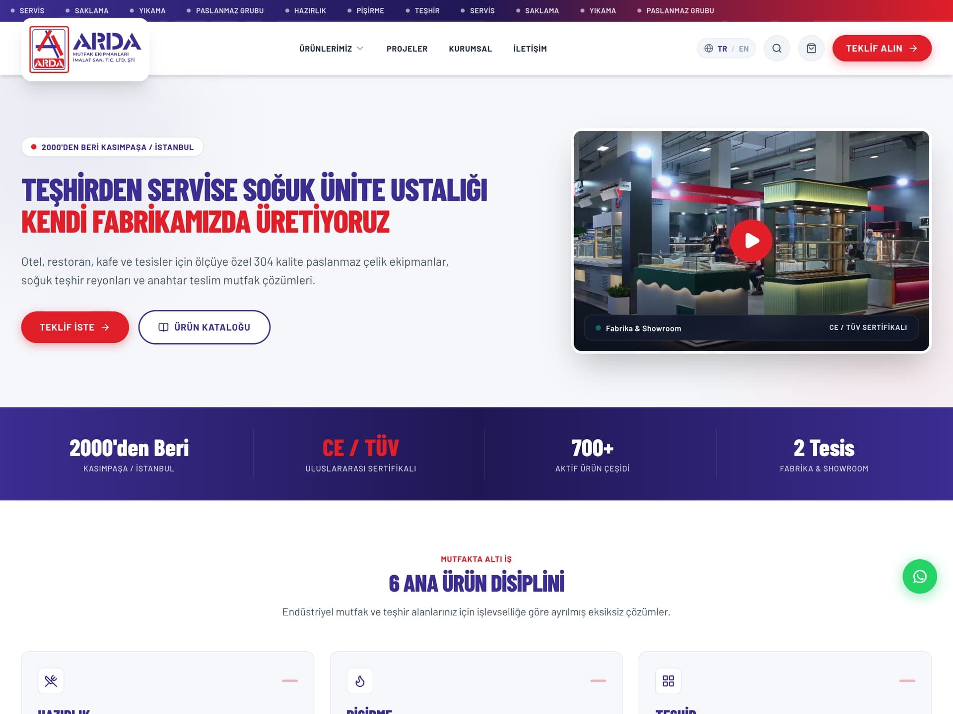 Arda Mutfak ana sayfası: "Teşhirden servise soğuk ünite ustalığı, kendi fabrikamızda üretiyoruz" başlığı, teklif ve ürün kataloğu düğmeleri, fabrika ve showroom videosu; altında 2000'den beri, CE / TÜV, 700+ ürün çeşidi ve 2 tesis şeridi