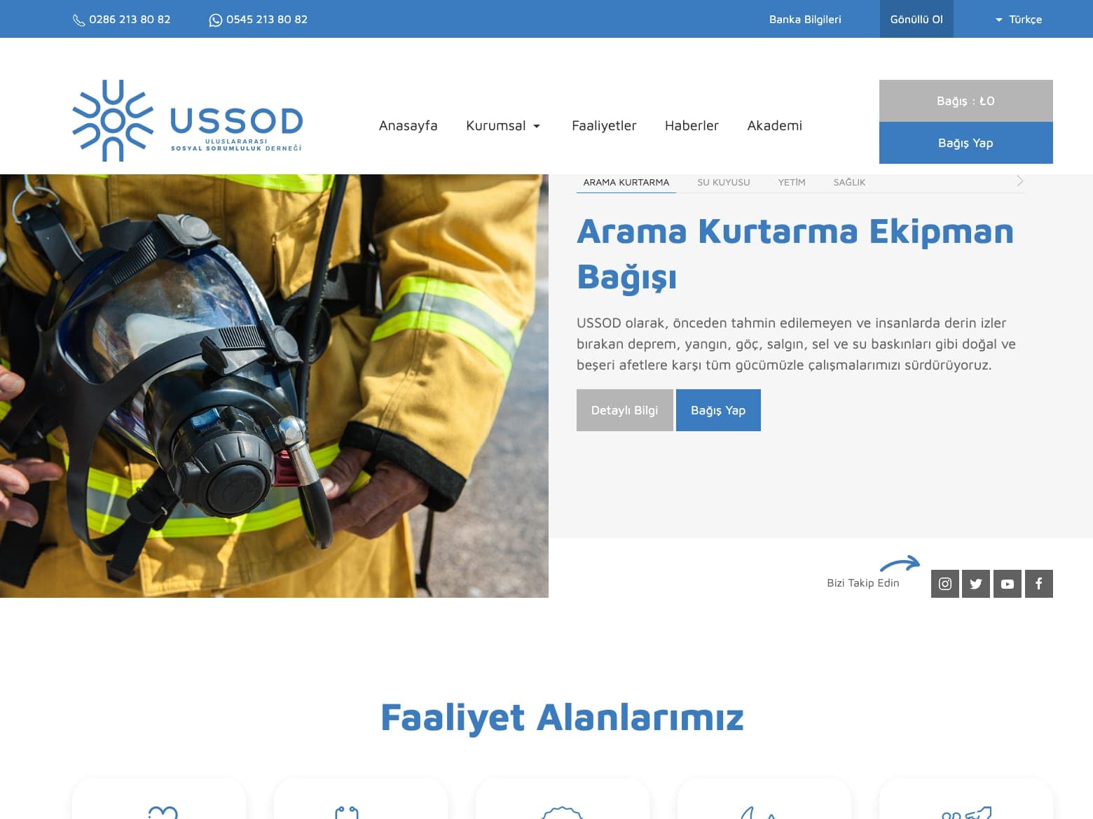 USSOD ana sayfası: Arama Kurtarma, Su Kuyusu, Yetim ve Sağlık sekmeli faaliyet alanında "Arama Kurtarma Ekipman Bağışı" başlığı, Detaylı Bilgi ve Bağış Yap düğmeleri, solda gaz maskesi tutan bir kurtarma görevlisi; üstte bağış sepeti ve Bağış Yap düğmesi