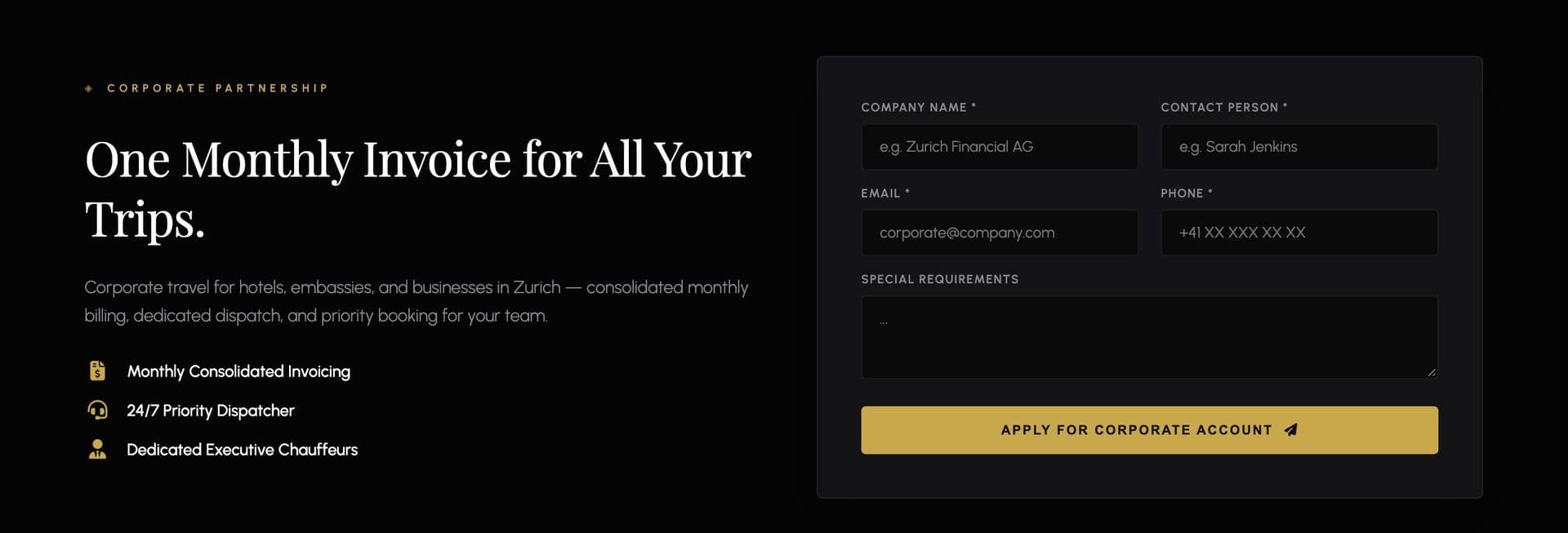 Corporate partnership section: 'One Monthly Invoice for All Your Trips' with an application form for a corporate account