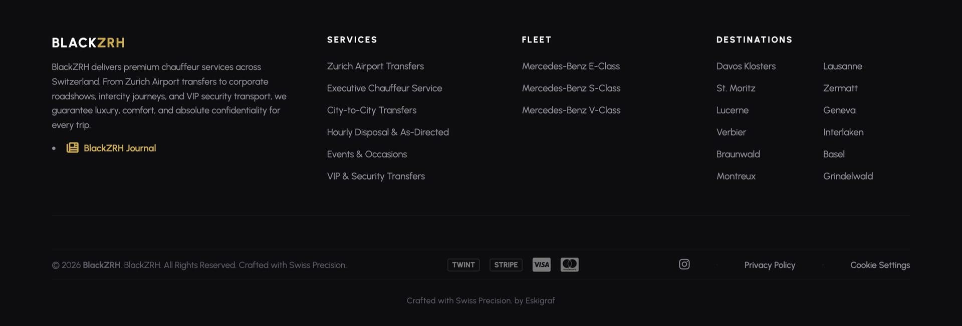 blackZRH footer listing services, fleet and destinations, with Twint, Stripe, Visa and Mastercard payment marks